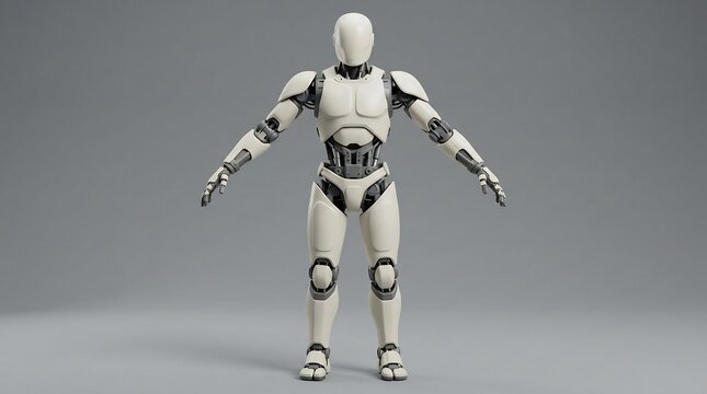 Full body view of a futuristic humanoid robot in a neutral pose with
