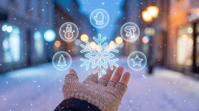 Glowing digital icons depicting winter and christmas concepts floating above a gloved human hand during cold snowy evening outdoors with blurred glowing city streetlights