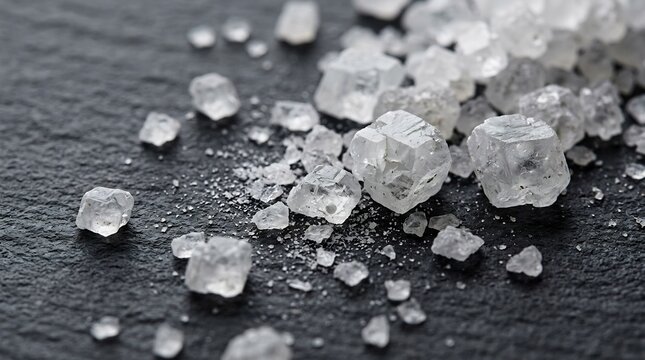 Macro shot of large sea salt crystals scattered on a dark textured