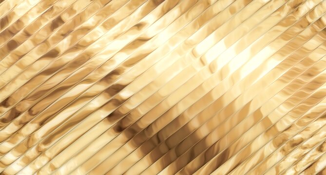 Diagonal shimmering gold parallel ribbed surface texture pattern casting soft warm glowing light across luxurious abstract interior architectural wall decoration background composition