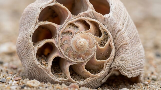 Close-up macro view of a broken seashell revealing an intricate
