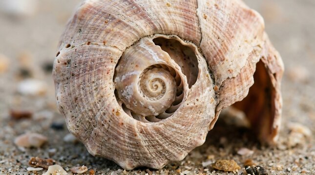 Macro shot of a spiral seashell showing intricate texture and pattern