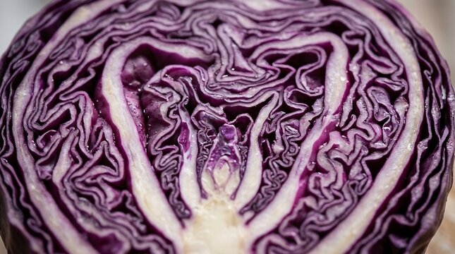 Macro view of a sliced red cabbage head showing intricate purple