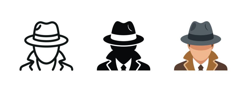 Spy Agent Icon Featuring an Anonymous Detective Avatar in a Coat and Hat, Representing Secrecy, Incognito Identity, Investigation, Unknown Persons, Hacking, Theft, and Mystery.