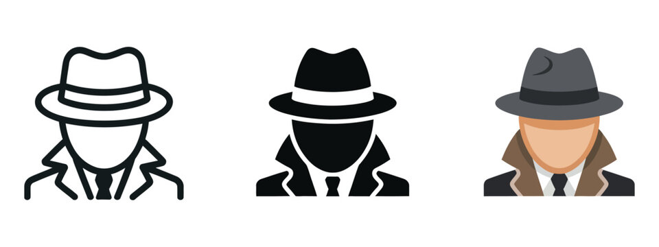 Spy Agent Icon Featuring an Anonymous Detective Avatar in a Coat and Hat, Representing Secrecy, Incognito Identity, Investigation, Unknown Persons, Hacking, Theft, and Mystery.