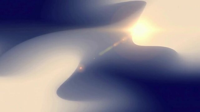 Abstract glowing sun lens flare traveling across smooth dark blue and beige gradient waves creating modern minimalist background motion design featuring elegant lighting effects 
