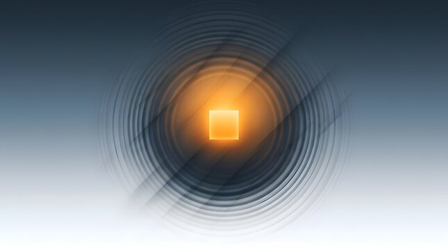 Abstract glowing orange square centered in dark blue gradient with concentric ripple waves and diagonal light streaks, modern digital background suitable for technology websites, presentations