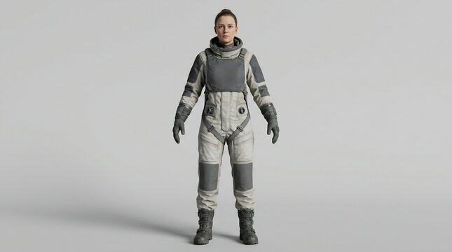 Full body portrait of a woman in a futuristic grey and white space