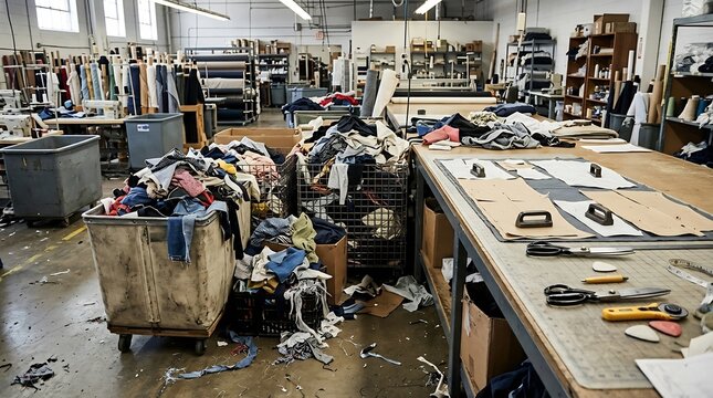 Textile manufacturing workshop with fabric scraps and garment pattern