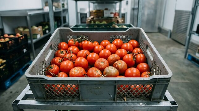 Fresh ripe red tomatoes in a grey plastic storage crate in a