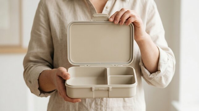 Person holding an empty beige bento box with compartments for meal