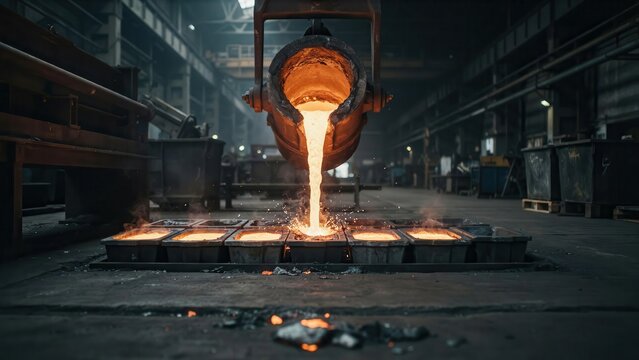 Molten steel pouring from an industrial ladle into casting molds in a foundry. Heavy manufacturing and metallurgical process concept for industrial business themes.