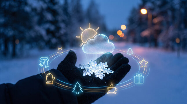 Glowing digital weather forecast hologram projecting from human hand wearing black winter glove holding crystal snowflake floating outdoors during cold snowy evening