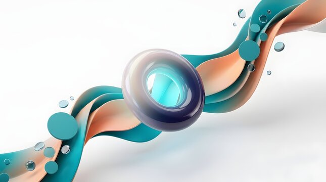 Abstract 3D digital illustration featuring flowing teal and peach ribbons intertwined with glossy spheres and floating bubbles, set against a clean white background with soft studio lighting