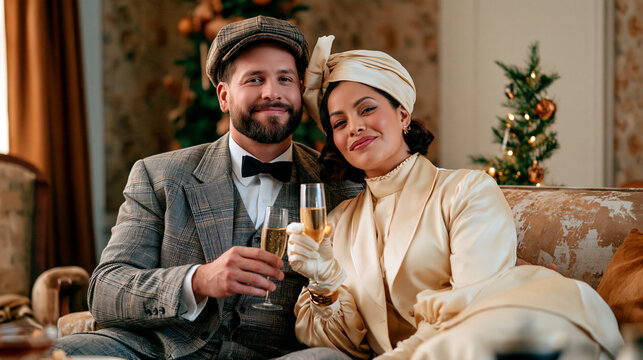Stylish couple in vintage formal fashion enjoying a festive celebration with champagne, creating an elegant nostalgic throwback mood