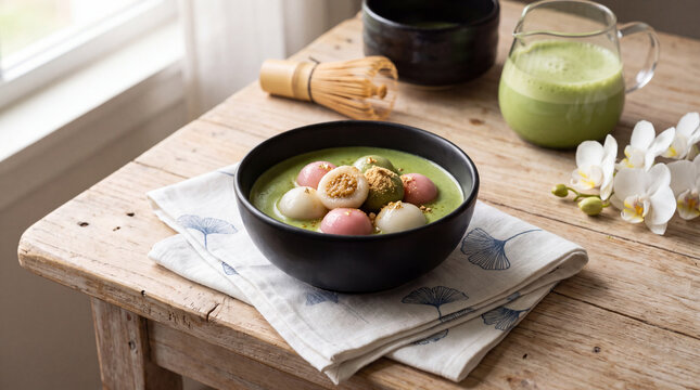 A bowl of traditional Japanese dango rice dumplings served in a creamy matcha soup with a bamboo whisk and fresh orchids on a rustic wooden table.