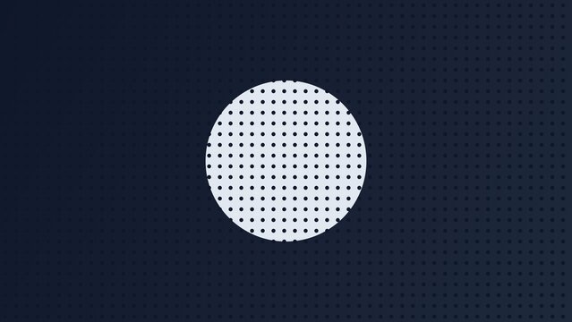 A white circular shape filled with a grid of small dots centered on a dark blue background, with a subtle, repeating pattern of, tiny dark circles