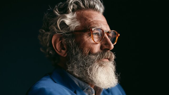 Elegant gentleman with silver beard contemplates the future, wearing glasses against a dark, moody background, portrait concept
