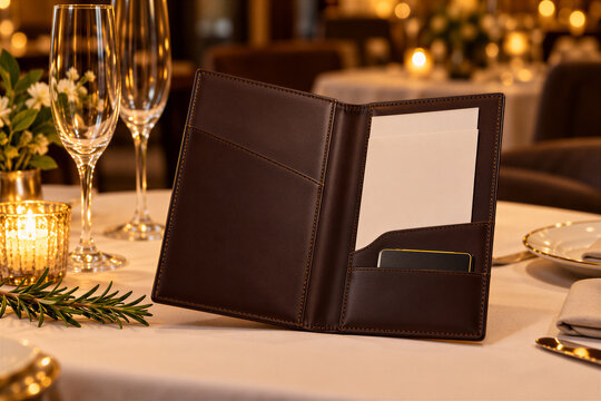 Open brown leather menu folder on restaurant table with champagne flutes and candlelight, elegant fine dining setting. Gastronomy, luxury hospitality, catering services.