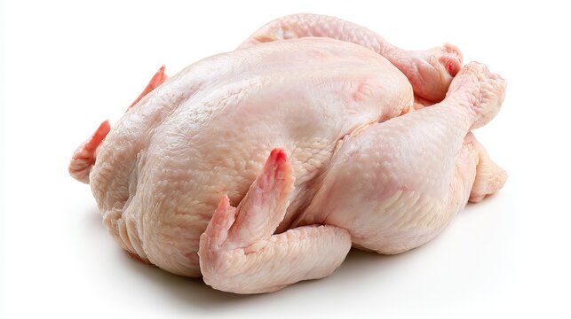 Raw chicken whole bird on white background, representing fresh poultry product, ideal for culinary concepts, and cooking inspiration