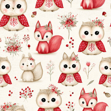 Seamless Watercolor Woodland Owls and Forest Animals Floral Pattern