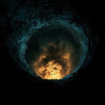 deep dark vertical shaft pit looking down into burning fiery core hell hole volcanic vent magma flame heat mystery abyss underground cave cavern dark blue rock wall contrast conceptual art