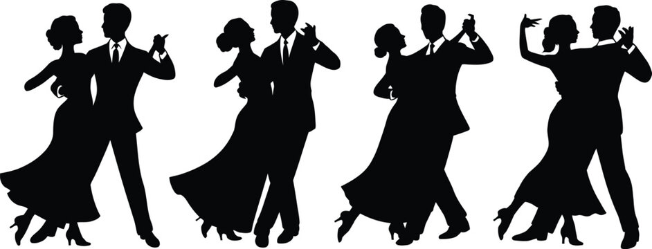 A set of four dancing couples in silhouette, featuring men and women in formal attire performing ballroom dance moves, isolated on a plain white background