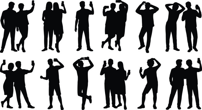 Collection of black silhouettes of people taking selfies and holding smartphones in various poses isolated on a white background, for social media, and lifestyle