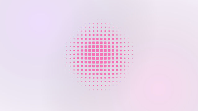 Abstract background, featuring a central, circular shape made, of pink square, halftone dots on, a soft light, purple and white, gradient surface