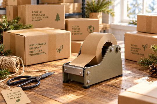 Tape dispenser with paper tape on wooden table next to cardboard boxes and scissors, warehouse shipping area. E-commerce, logistics, packaging industry, sustainable delivery.