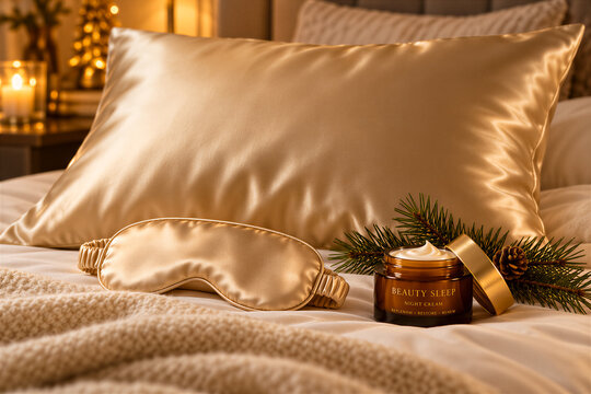 Golden satin pillow and eye mask on bed with night cream jar and pine branches, luxurious sleep concept. Beauty, skincare, wellness, relaxation.