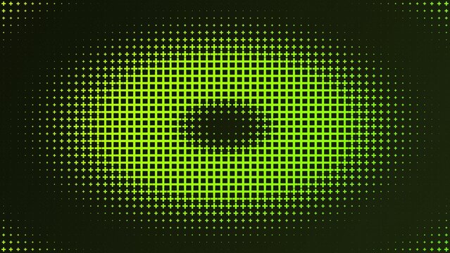 Abstract background, featuring a central, oval shape composed, of bright green, square dots that, fade into smaller, sparse dots towards, the dark edges