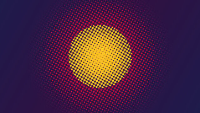 Abstract background, featuring a central, glowing yellow circle, composed of small, dots, surrounded by, a dark purple, and magenta radial gradient