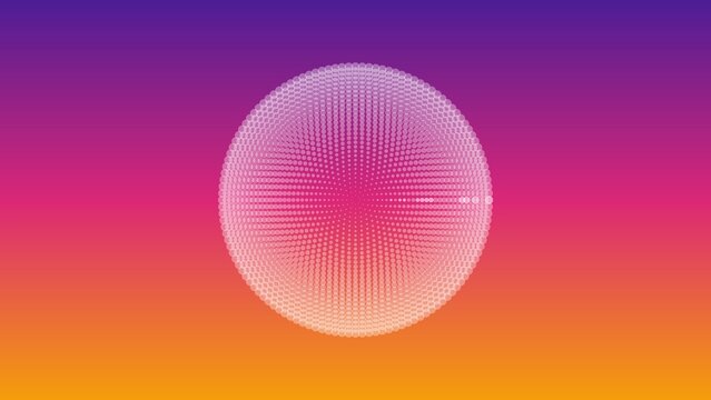 Abstract background, featuring a central, sphere composed of, small glowing white, dots on a, vibrant purple to, orange vertical gradient, color surface