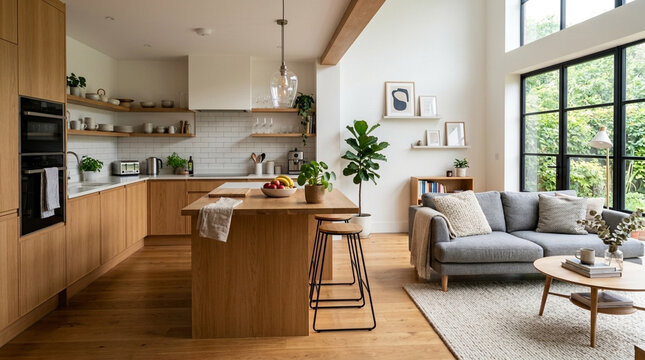 Modern open plan kitchen and living room interior with natural light wooden elements and minimalist decor