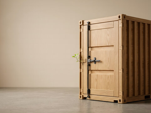 Contenedor de carga hecho de madera de roble con un brote verde sobre fondo beige, concepto creativo de log&iacute;stica sostenible, comercio ecol&oacute;gico y espacio de texto.