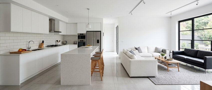 Modern Open Plan Kitchen and Living Room with White Island Gray Sofa Black Couch and Large Window