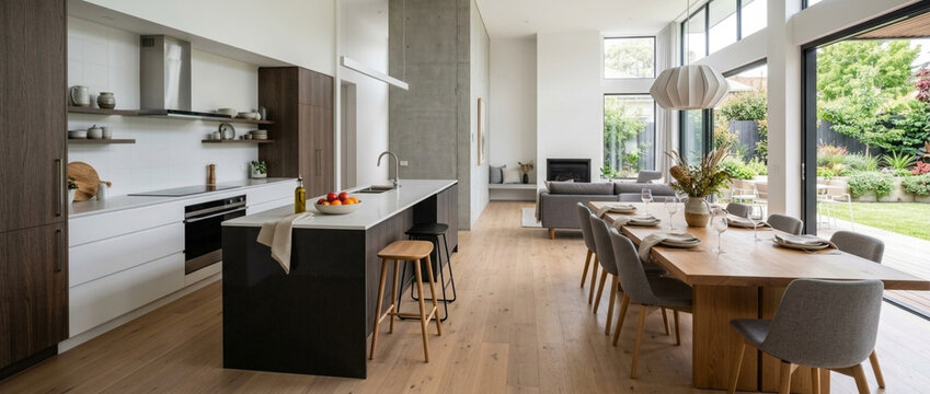 Modern Open Plan Kitchen Dining and Living Area with Large Windows and Garden View