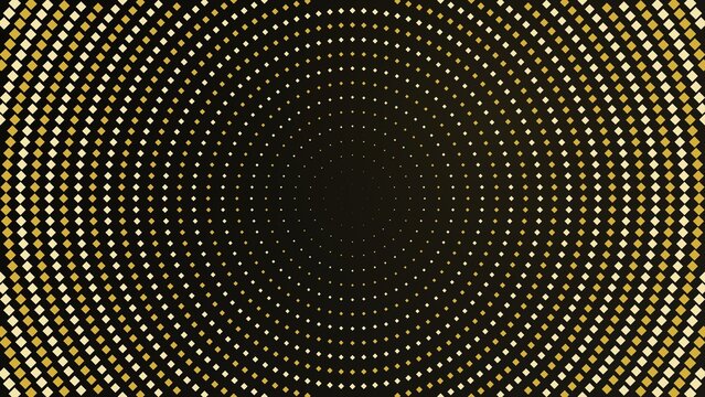 Abstract background, featuring a circular, pattern of small, gold diamond shapes, arranged in concentric, rings on a, dark black backdrop surface