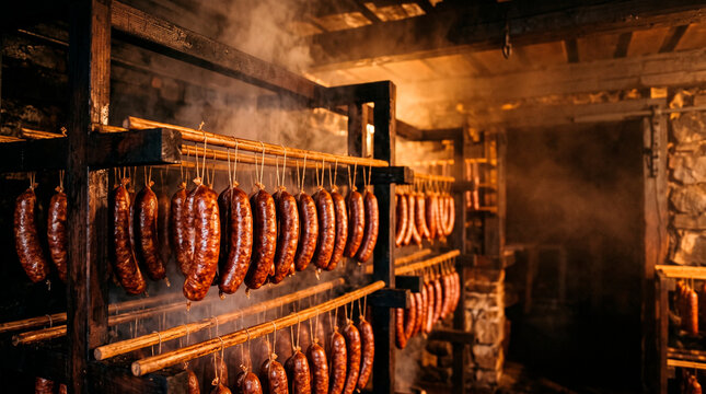 Rows of sausages hanging in a smoking room for curing. Traditional meat processing and food production. Sausage smoking, preservation and artisanal charcuterie. Rustic smokehouse with copy