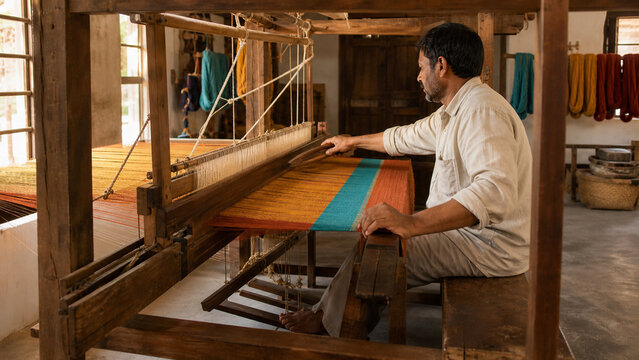 Weaver working on traditional wooden loom making colorful handmade fabric. Craft of handloom textile weaving. Concept of artisan heritage and craftsmanship.
