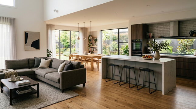Modern open plan living area with sectional sofa kitchen island with bar stools and dining room with large windows overlooking garden