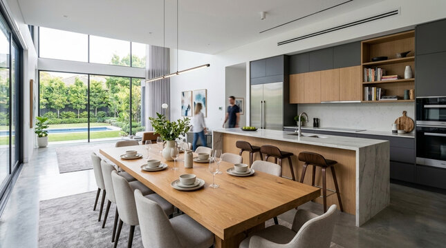 Modern Open Plan Living Dining Room Kitchen and Backyard View