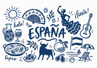 Spain Travel And Culture Doodles Set Hand Drawn Spanish Clipart With Flamenco Paella And Bull © Gopal