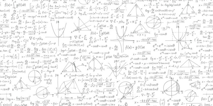 Mathematical Equations and Diagrams: A collage of complex mathematical formulas, geometric shapes, and scientific notations on a white background.