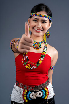 Portrait of young girl wearing a traditional cloth Simba Murut Tahol native of Sabah Borneo