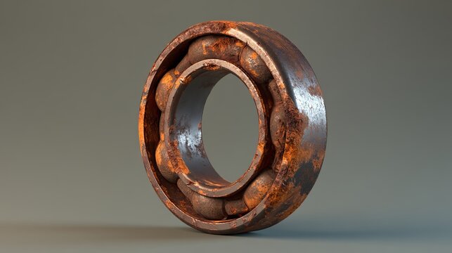 Worn rusty bearing showcasing brown tones and metallic decay, representing industrial decline, concept for machinery failures