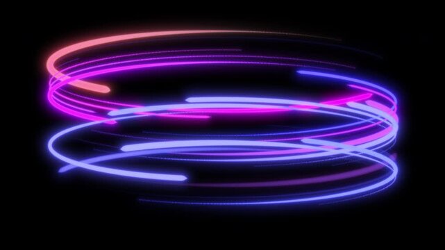 Abstract glowing pink and blue neon light circles and spiral lines background with dark space for tech design