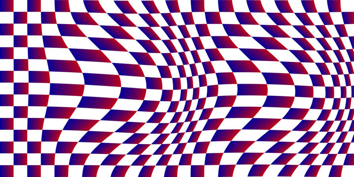 Blue, red and white warped checkerboard pattern. Distorted wavy gradient chess squares creating a 3D optical illusion. Retro psychedelic racing design for fabric, wallpaper, banner, and fashion prints