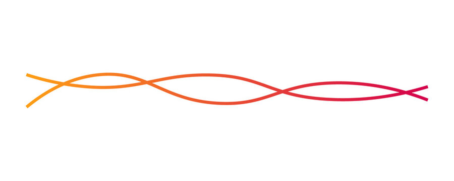Orange and red gradient wavy lines on white background. Two thin intertwined curve strokes forming a flowing twisted ribbon. Minimal abstract vector design for banner, divider, header, logo, 